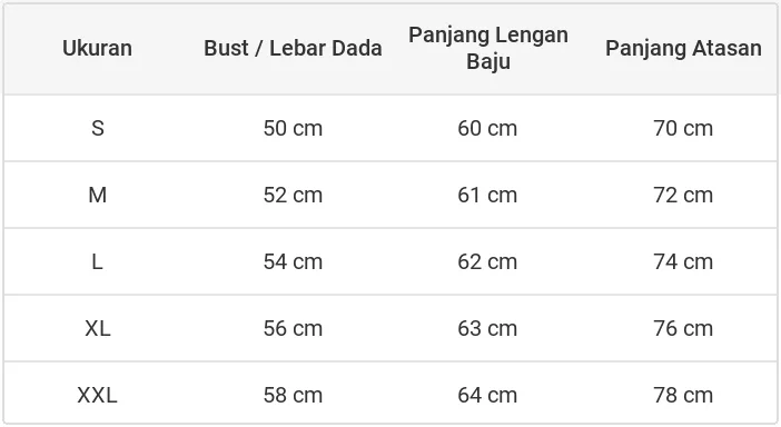 Panduan ukuran Kemeja Batik Slimfit Premium